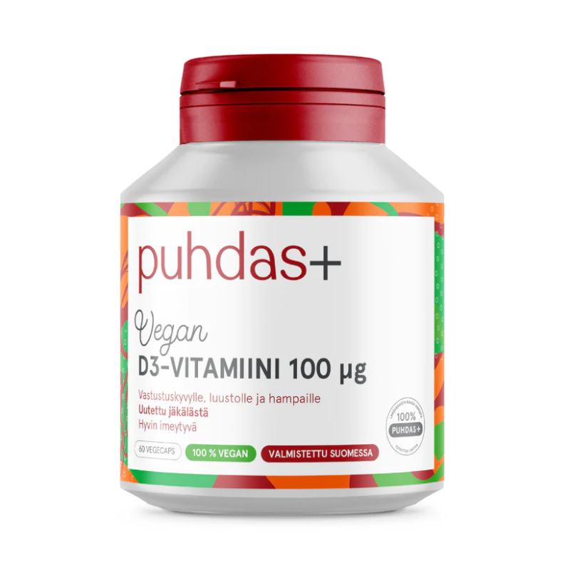 Vegan D3-vitamiini 100 µg, 60 kaps.-D-vitamiini-Puhdas+-Aminopörssi