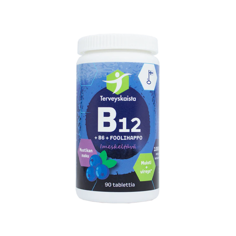 B12 + B6 + Foolihappo, imeskeltävä (mustikka), 90 tabl-B-vitamiini-Terveyskaista-Aminopörssi