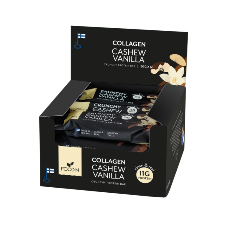 Foodin Crunchy Collagen Protein Bar, 50g x 12-Proteiinipatukka-Foodin-Almond Seasalt-Aminopörssi