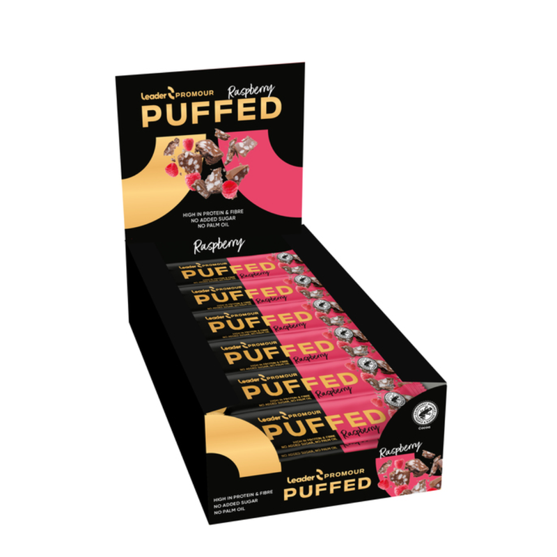 Leader Promour Puffed, 40g x 24 kpl-Proteiinipatukka-LEADER-Raspberry-Aminopörssi