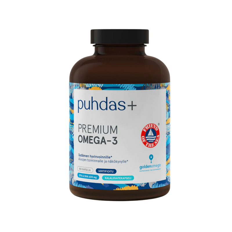 Premium Omega-3, 180 kaps.-Kalaöljy-Puhdas+-Aminopörssi