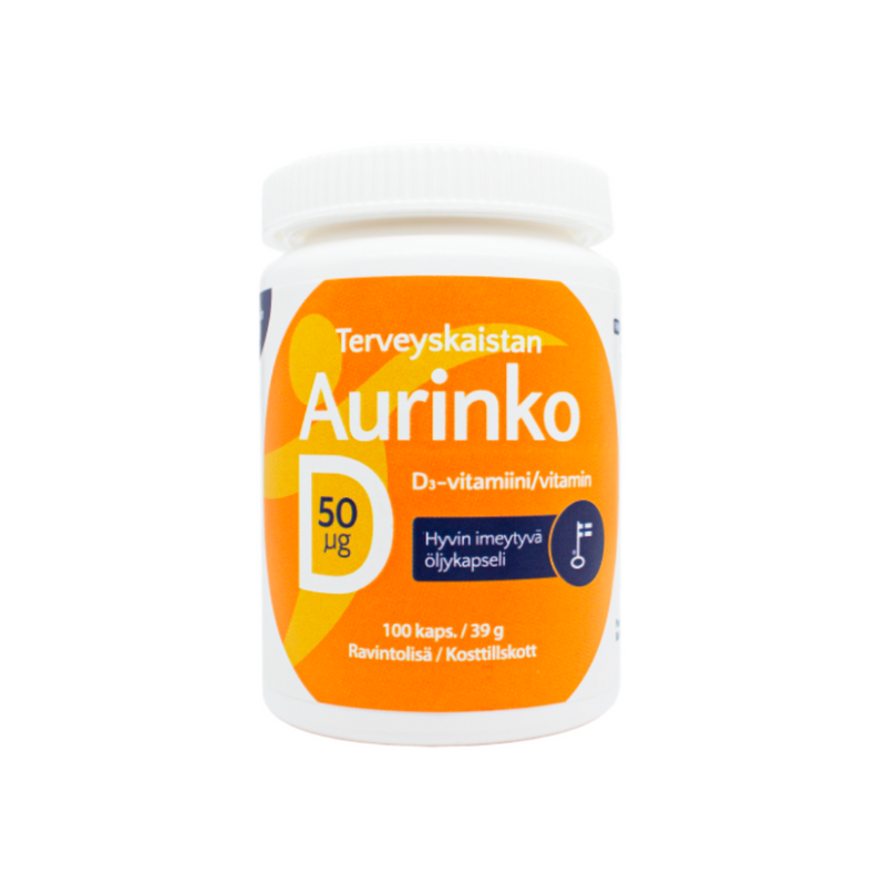 Aurinko D 50 µg 100 kaps-D-vitamiini-Terveyskaista-Aminopörssi