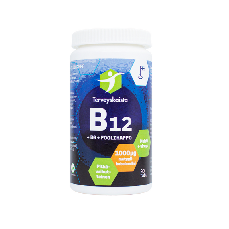 Pitkävaikutteinen B12+B6+Foolihappo 90 tabl-B-vitamiini-Terveyskaista-Aminopörssi