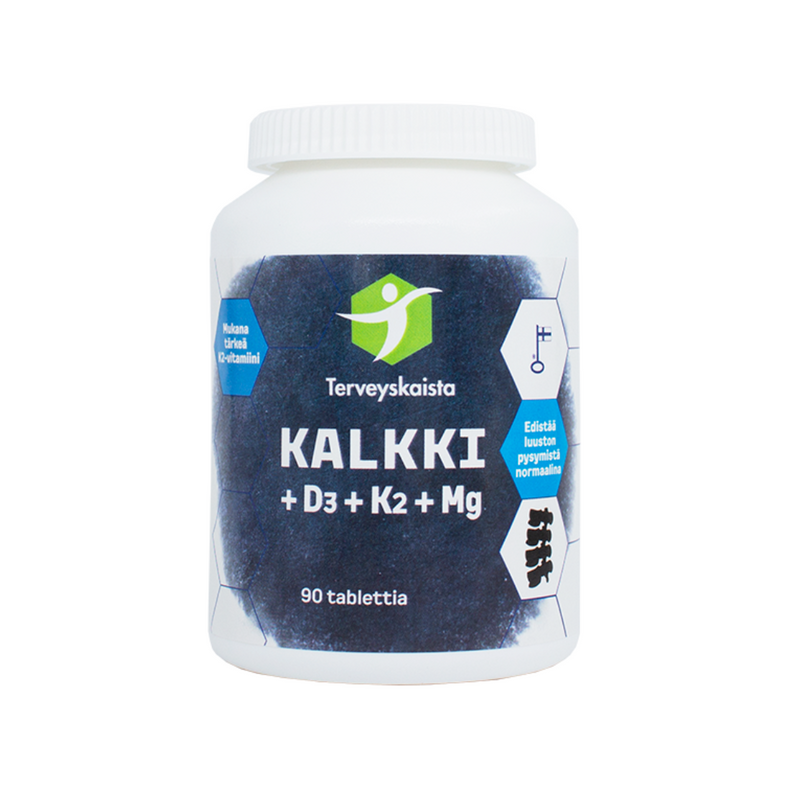 Kalkki+D3+K2+MG 90 tabl-Kalsium-Terveyskaista-Aminopörssi