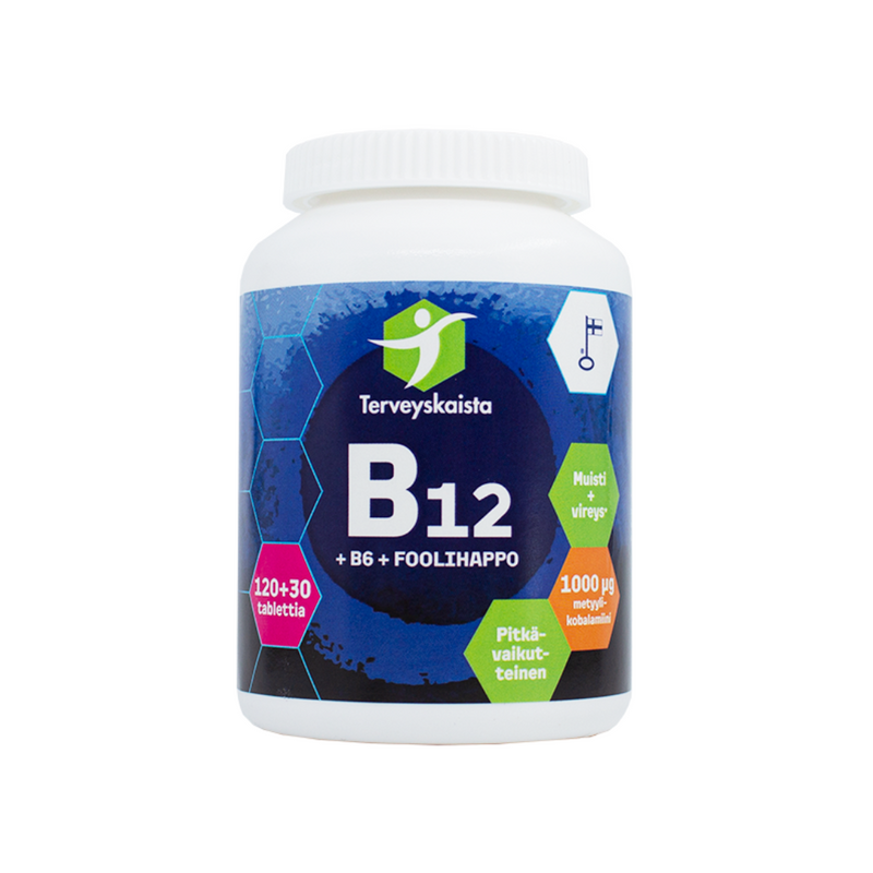 Pitkävaikutteinen B12+B6+Foolihappo 150 tabl-B-vitamiini-Terveyskaista-Aminopörssi