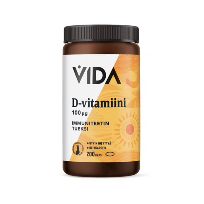 D-vitamiini 100ug, 200 kaps.-D-vitamiini-Vida-Aminopörssi