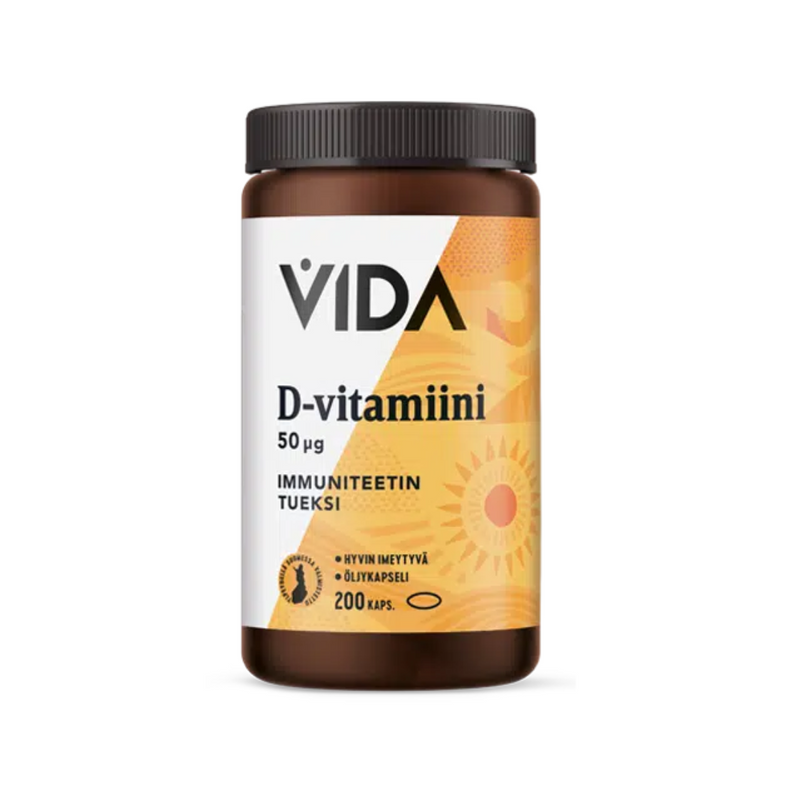 D3-vitamiini 50ug, 200 kaps.-D-vitamiini-Vida-Aminopörssi