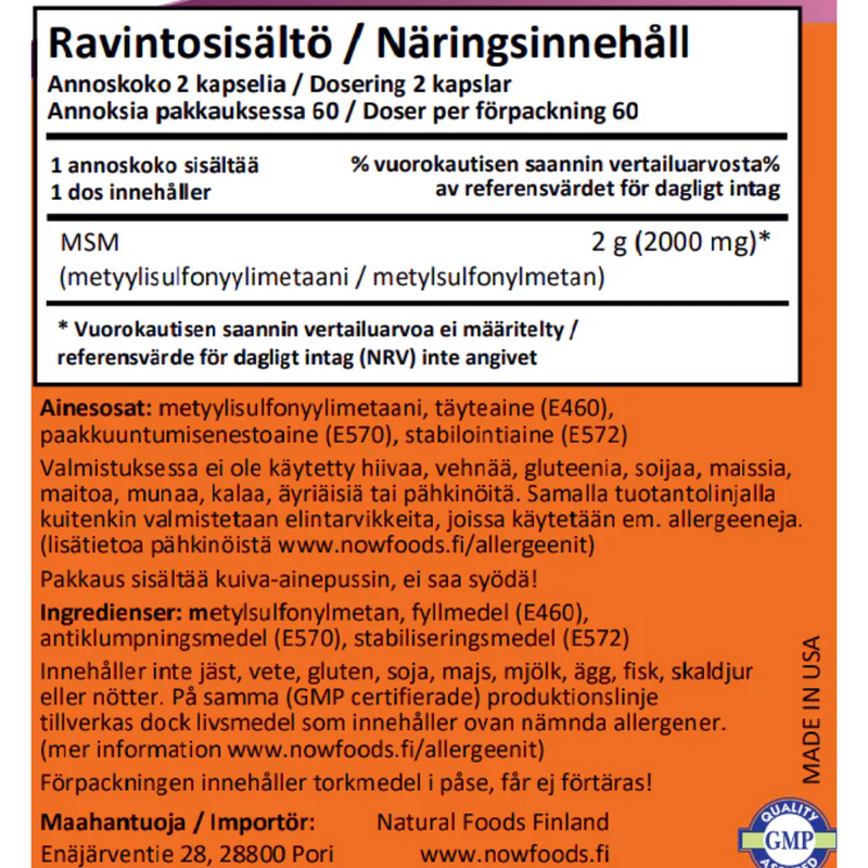 NOW Foods MSM 1000mg 120 kaps.-MSM-NOW Foods-Aminopörssi
