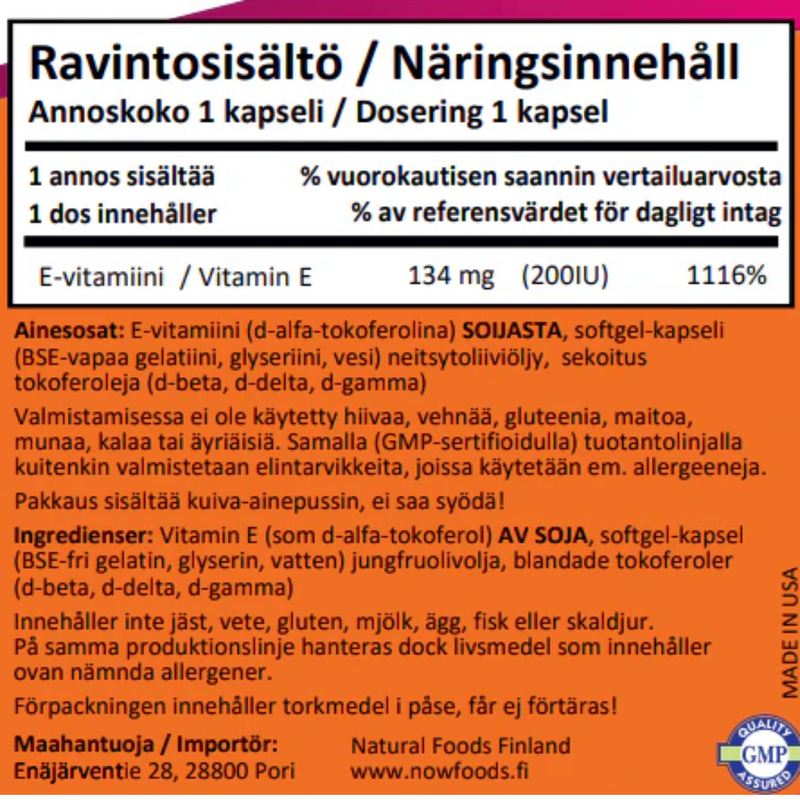 NOW Foods E-200 100 kaps.-E-vitamiini-NOW Foods-Aminopörssi
