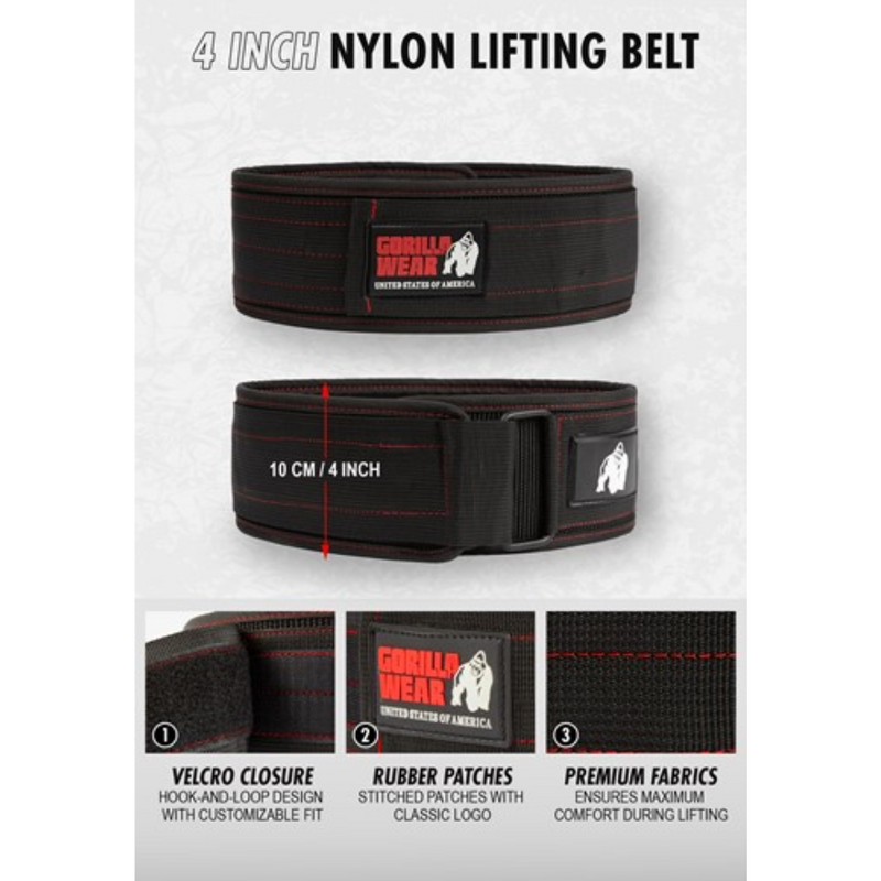 4 Inch Nylon Lifting Belt, black/red stitched-Nostovyö-Gorilla Wear-S/M-Aminopörssi