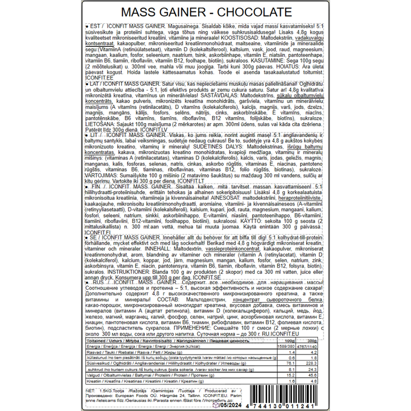 Mass Gainer, 1,5 kg-Gaineri-ICONFIT-Chocolate-Aminopörssi