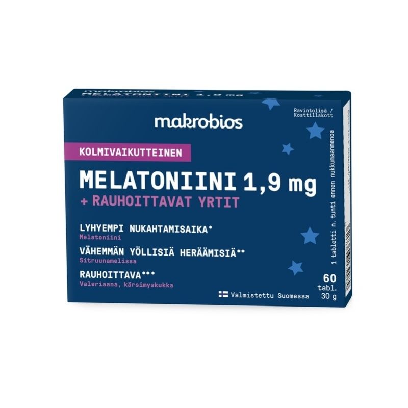 Melatoniini +rauhoittavat yrtit, 60kpl-Melatoniini-Makrobios-Aminopörssi