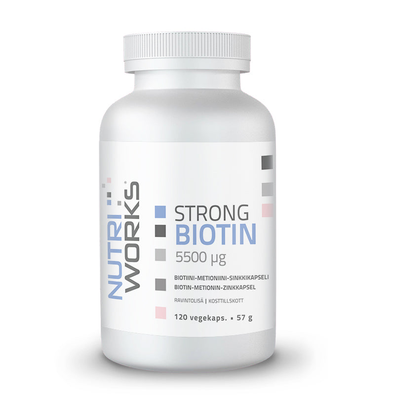 Strong Biotin 5500 µg, 120 vegekaps. 57 g-Biotiini-Metioniini-Sinkki-Nutri Works-Aminopörssi