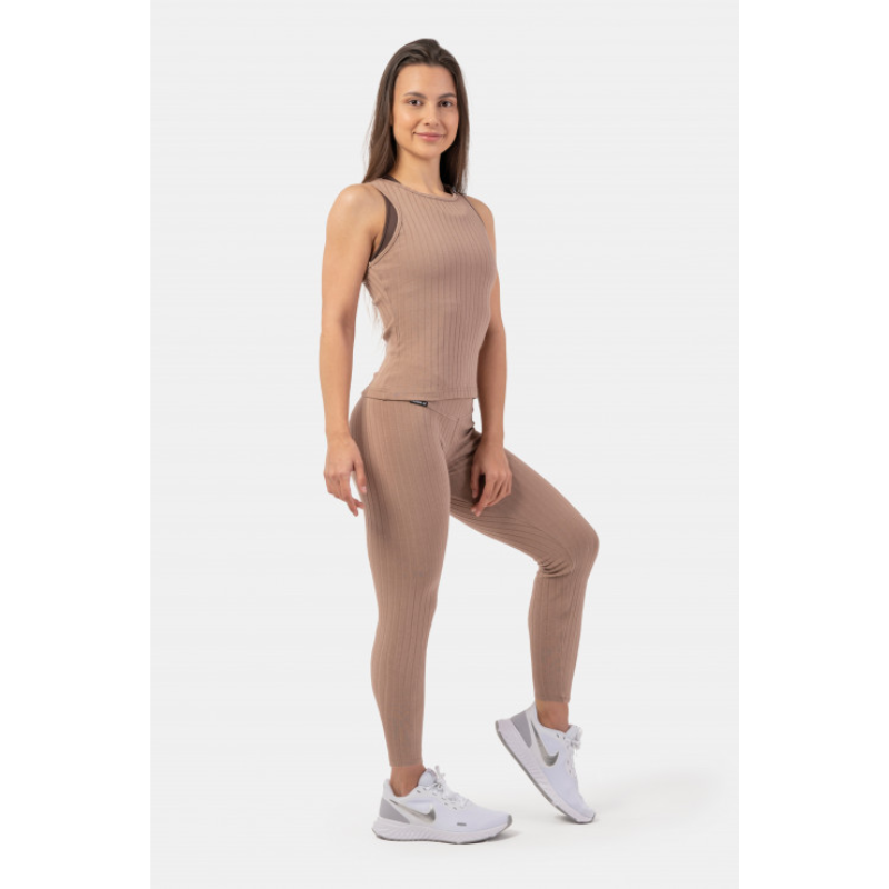 Organic Cotton Ribbed High Waist Leggings 405, beige-Naisten trikoot ja leggingsit-Nebbia-XS-Aminopörssi