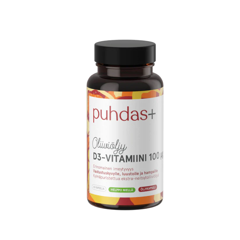 D3-vitamiini 100 ug oliiviöljy, 120 kaps.-D-vitamiini-Puhdas+-Aminopörssi