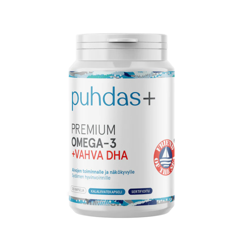 Premium Omega-3 +Vahva DHA, 120 kaps.-Kalaöljy-Puhdas+-Aminopörssi