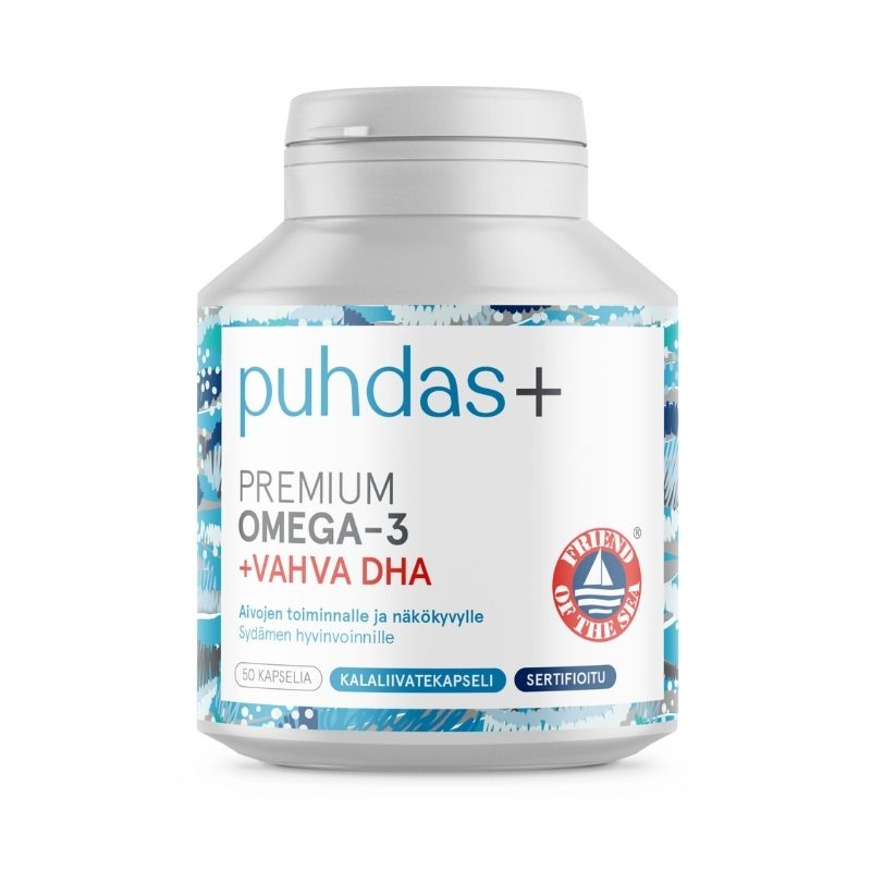 Premium Omega-3 +Vahva DHA, 50 kaps.-Omega-3-Puhdas+-Aminopörssi