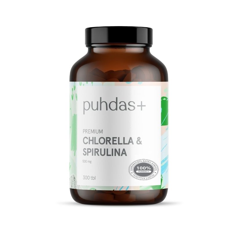 Premium Chlorella & Spirulina 500 mg, 300 tabl.-Vihertuote-Puhdas+-Aminopörssi