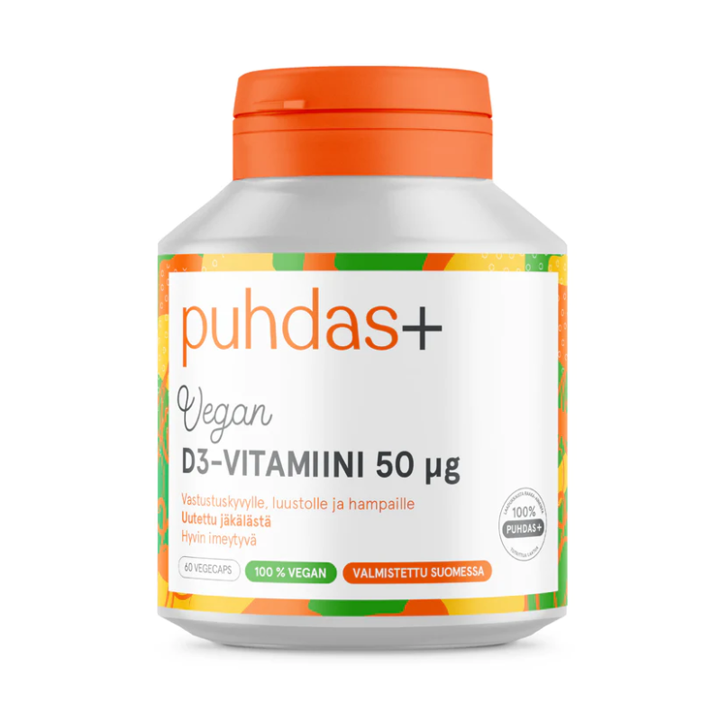 Vegan D3-vitamiini 50 µg, 60 kaps.-D-vitamiini-Puhdas+-Aminopörssi