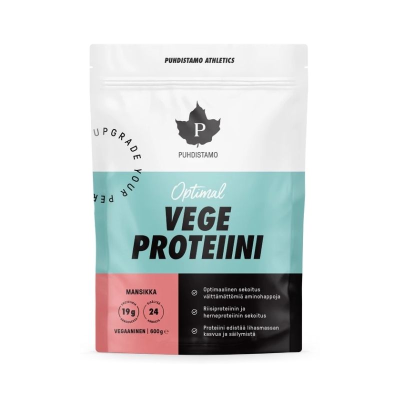 Optimal Vegeproteiini, 600 g-Kasviproteiini-Puhdistamo-Mansikka-Aminopörssi