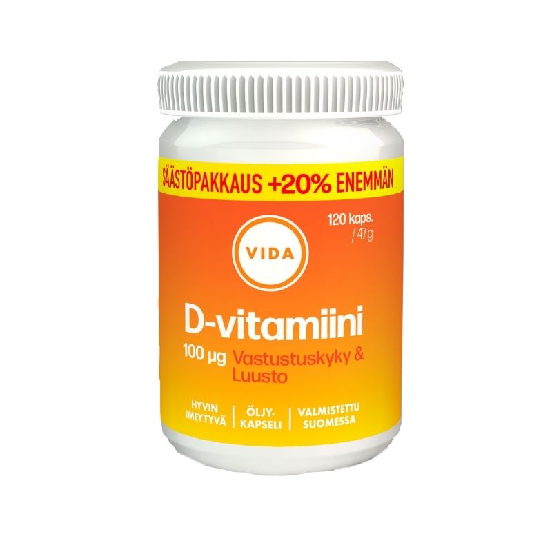 D-vitamiini 100ug säästöpakkaus, 120 kaps.-D-vitamiini-Vida-Aminopörssi