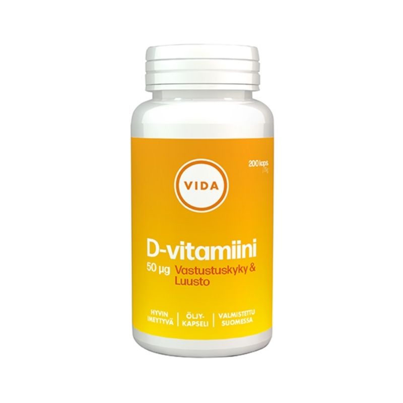 D3-vitamiini 50ug, 200 kaps.-D-vitamiini-Vida-Aminopörssi