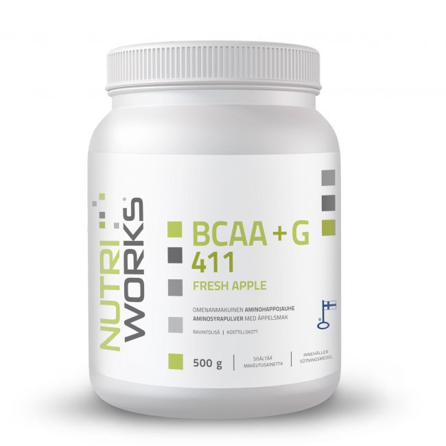 BCAA 411+G, 500 g-Nutri Works-Fresh Apple-Aminopörssi