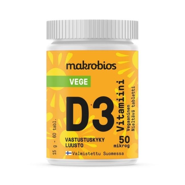 Vege D3-vitamiini 50 mcg, 60 tabl.-Makrobios-Aminopörssi