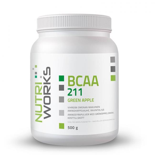 BCAA 211, 500 g-BCAA-aminohappo-Nutri Works-Green Apple-Aminopörssi