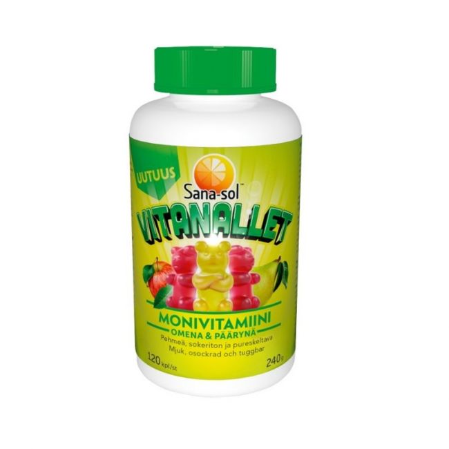 Vitanallet Monivitamiini, 120 kpl-Monivitamiini-Sana-Sol-Omena & päärynä-Aminopörssi